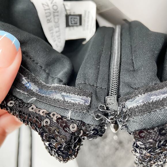 Rene Ruiz Dress Sz 12 Black Sequin Gown Formal Off The Shoulder Metallic Evening - Picture 13 of 13